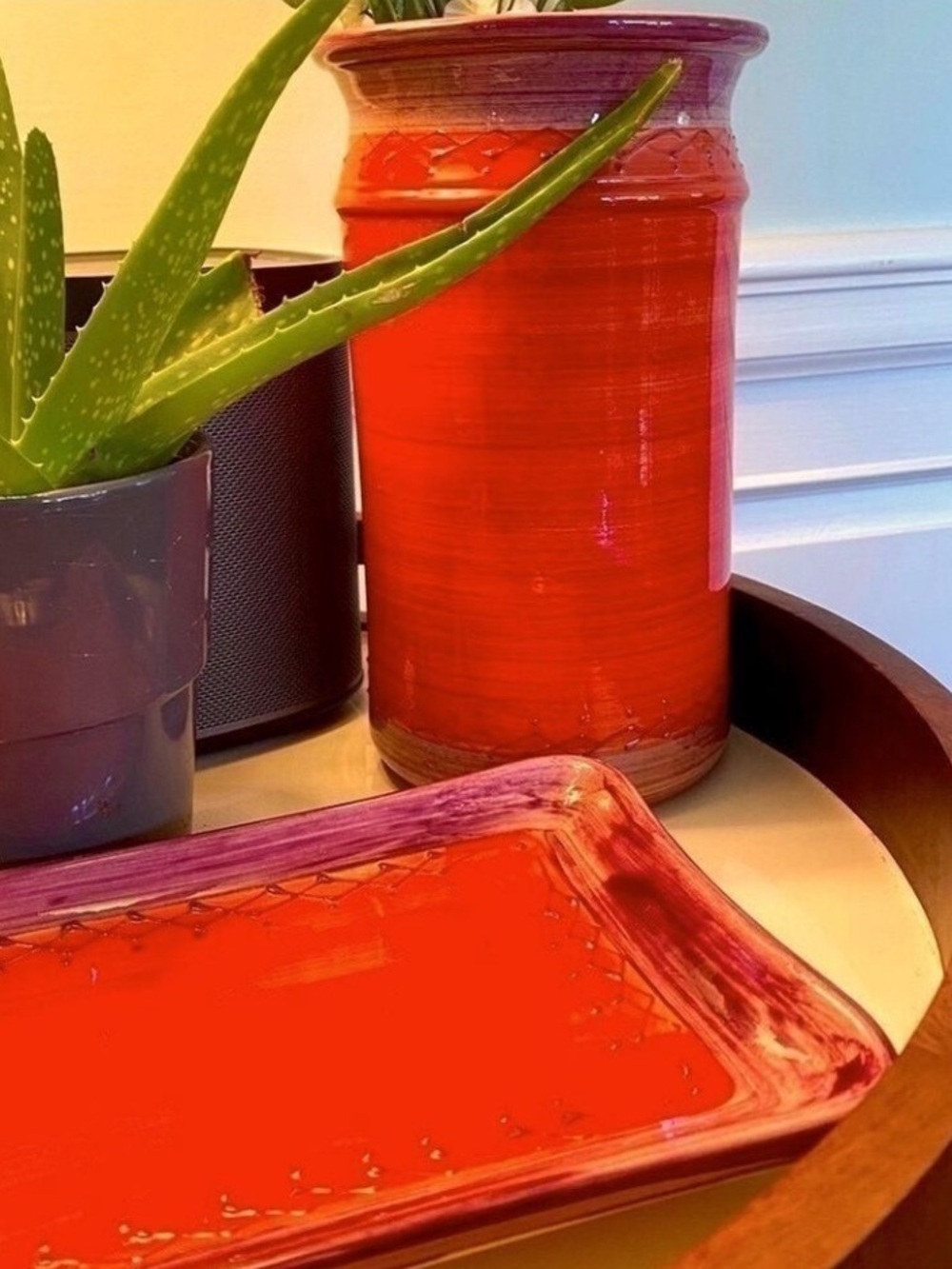 Handmade Made in France 3 Piece Orange Red Purple Pink Ceramic Vase Tray Blanket